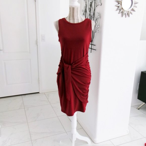 Lillusoxy Stretchy Burgundy Wine Sleeveless Front Tie Ruched Wrap Dress M - Picture 2 of 13